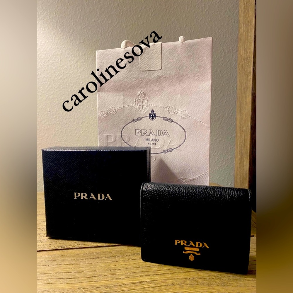 Prada Black Leather Compact Wallet with Gold Logo
